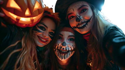 Friends Taking a Halloween Selfie, Capturing Festive Moments in Creative Costumes, Fun and Spooky Celebration, png file, isolated on white