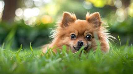 Adorable Pomeranian on grass outdoors with text space Pet