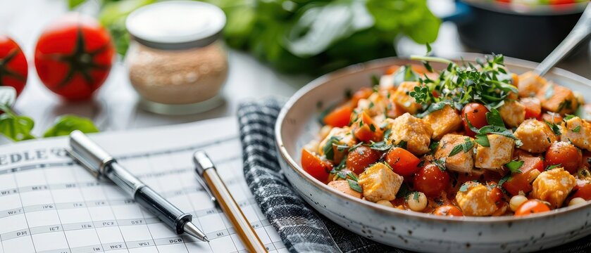 Meal planning schedule for busy days, close up on organized planner and food