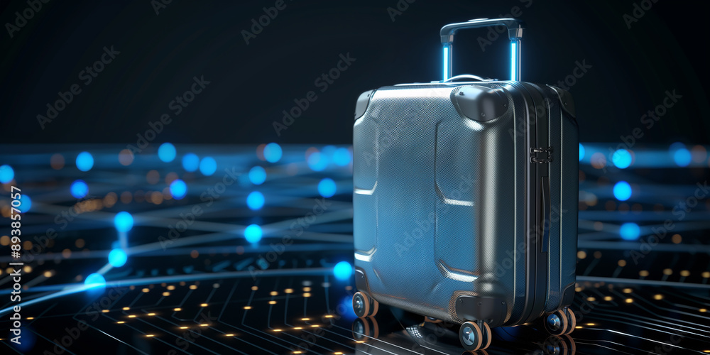 Aufkleber modern suitcase standing on circuit board with glowing nodes