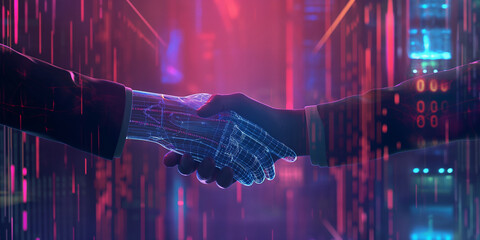 Businessmen shaking hands with digital overlay in server room