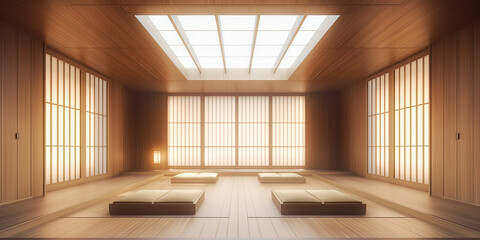 Empty meditation room with sunlight shining through shoji sliding doors