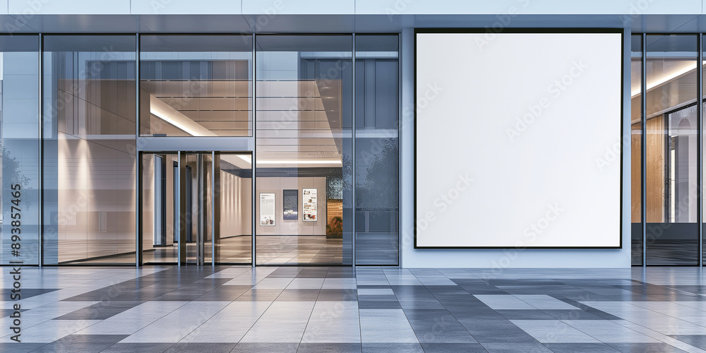 Poster modern building entrance with empty billboard showing space for advertisement