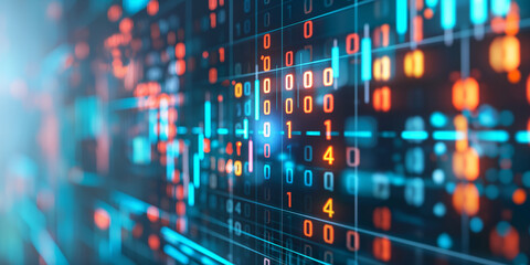 Abstract technology background showing glowing binary code and graphs