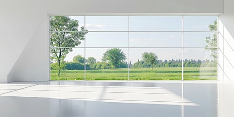 3D rendering of a white empty room interior with a large window and a green field landscape outside. Contemporary minimalist architecture concept with a panoramic view, mock up for presentation design