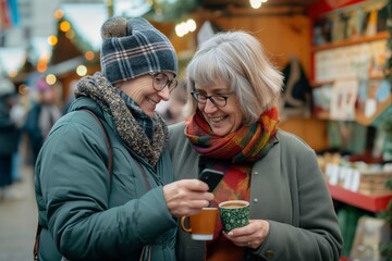 At a festive market, two women are happily spending time together, laughing and sipping hot drinks in winter. They are celebrating their friendship and creating a warm and joyous atmosphere