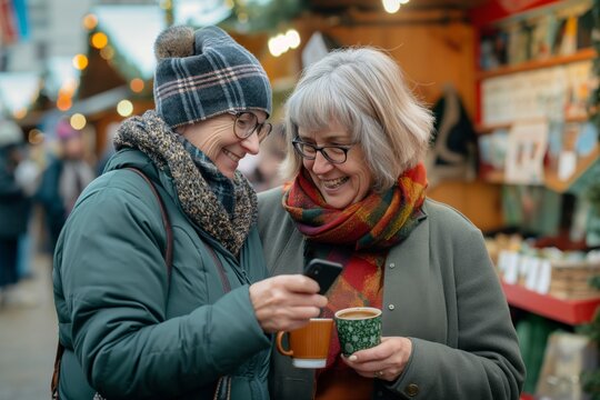 At a festive market, two women are happily spending time together, laughing and sipping hot drinks in winter. They are celebrating their friendship and creating a warm and joyous atmosphere