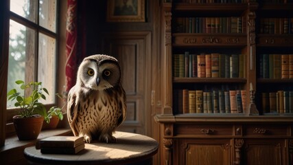 Obraz premium Majestic Owl in Vintage Library Setting with Sunlit Wooden Bookshelves