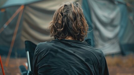 A male with lengthy hair was shot from behind Traveler seated in tourist camp Caucasian man s back