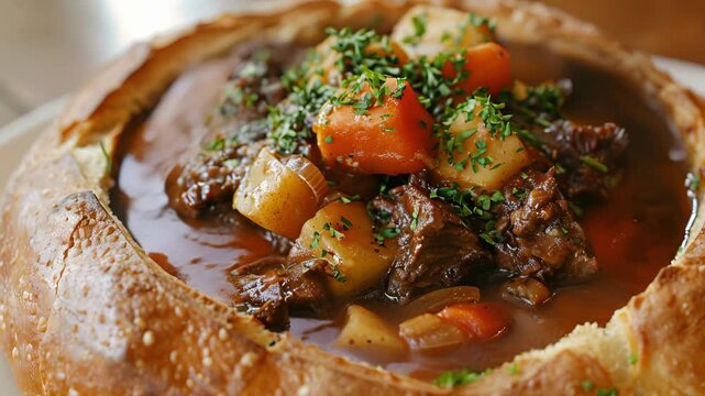 A glimpse of the special of the day featuring a hearty beef stew served in a bread bowl.