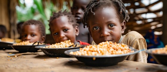 The image shows four African children happily eating beans and rice at a table in an East African village. Their facial expressions are focused and joyful, 