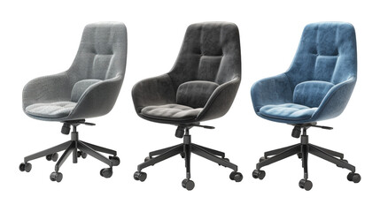 Obraz premium Collection Of Assorted Task Chairs Black Blue And Grey For Productive Workspaces And Marketing isolated on transparent background. Generative ai