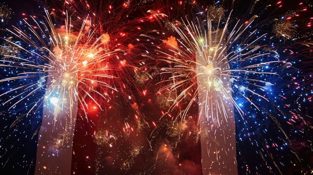 A vibrant display of fireworks against the backdrop of the French flag