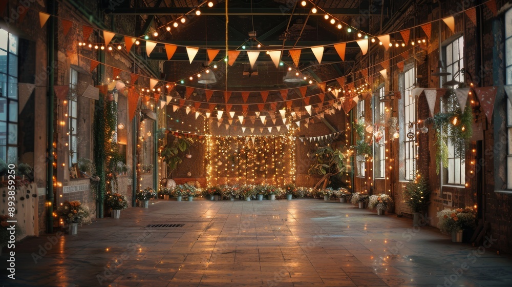 Poster a rustic building decorated for a party with string lights flags and greenery