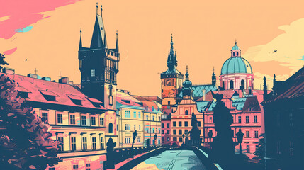 Fototapeta premium Risograph stencilled riso print travel poster, card, wallpaper or banner illustration, modern, isolated, clear, simple of Plzeň, Czech Republic. Artistic, screen printing, stencil