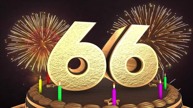 66th birthday chocolate cake animation 3d render in chocolate gold with confetti and balloon background. 4k