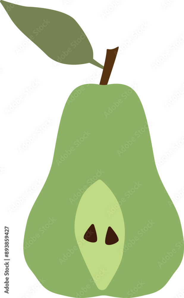 Poster half of a green pear on a stalk with a leaf on an isolated background