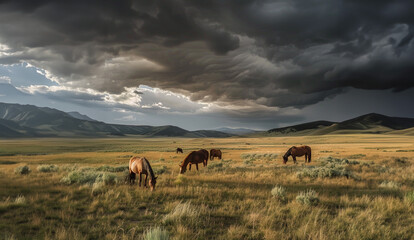 wild horses grazing in a valley with mountains in the background 