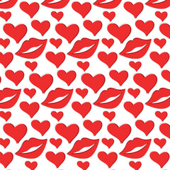 Red hearts and lips, repeating pattern on isolated background