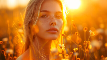 Fototapeta premium Portrait of a woman with freckles standing in a field of flowers, bathed in warm sunlight.