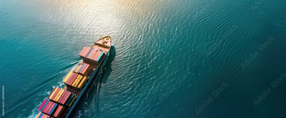 Poster an aerial view of a container ship sailing through calm teal waters
