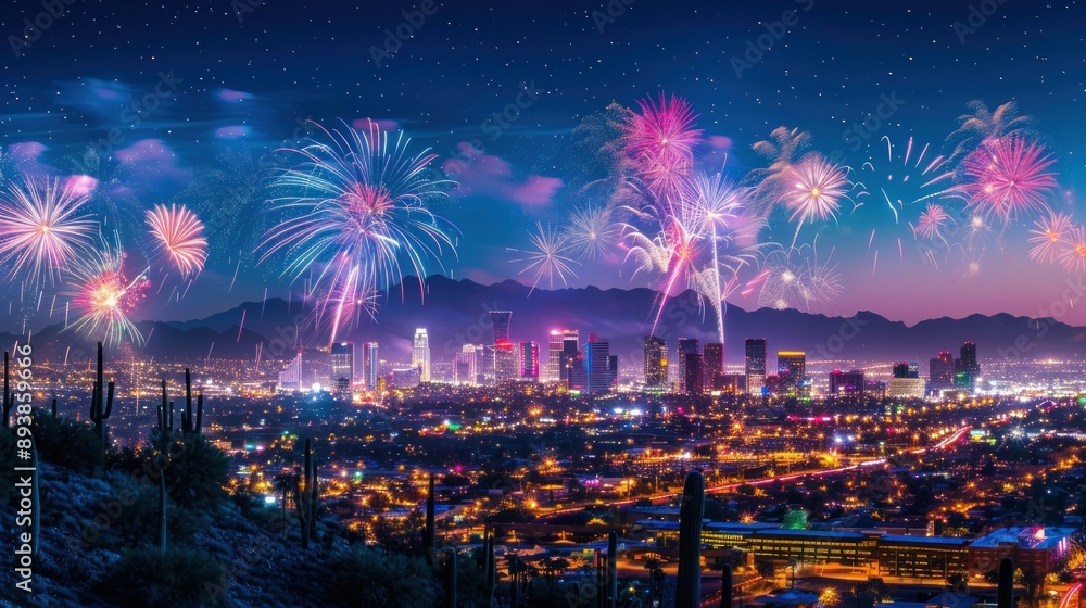 Poster a vibrant cityscape with fireworks exploding against a starlit sky and mountains in the background