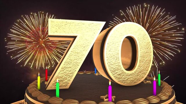 70th birthday chocolate cake animation 3d render in chocolate gold with confetti and balloon background. 4k