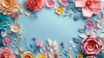 A border of colorful paper flowers arranged on a blue background