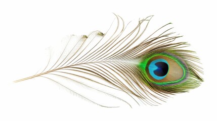 Obraz premium Detailed Close-up of a Vibrant and Colorful Green and Blue Peacock Feather Isolated on a Clean White Background, Exquisite Beauty of Nature