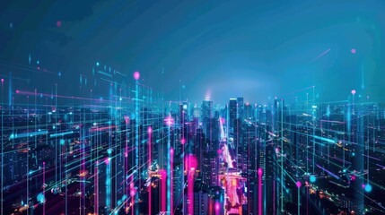 Futuristic cityscape with holographic data streams