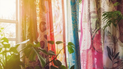 Brightly colored bohemian curtains with vibrant patterns filtering sunlight in a room with green plants, creating a serene and tranquil atmosphere
