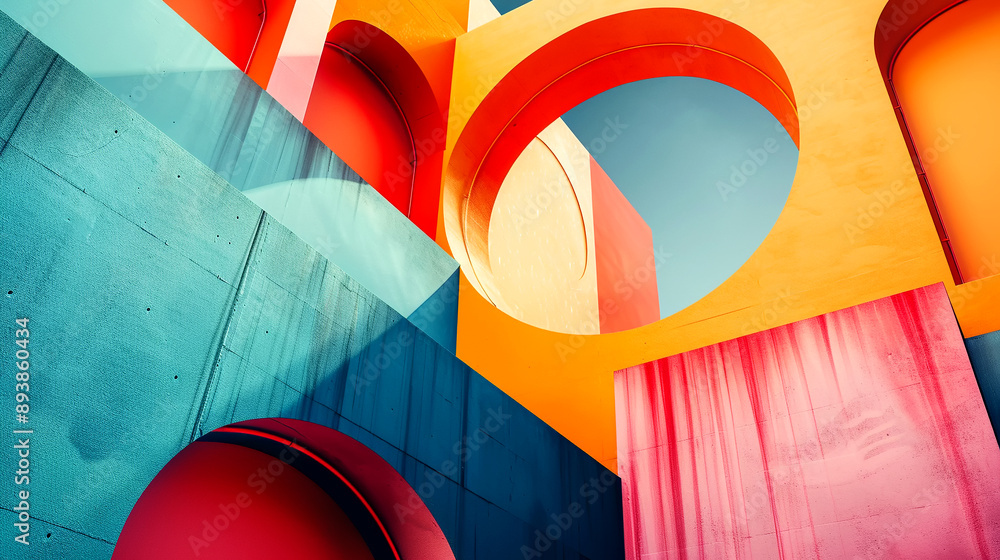 Poster colorful abstract architecture with curved walls and circular openings during daytime