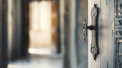 Close-up of an ornate door handle on a partially open door, symbolizing new beginnings and opportunities. Soft focus hallway in the background adds a sense of mystery and anticipation