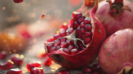 Close-up of a pomegranate split open, with its seeds glistening, symbolizing Sukkot and Rosh Hashanah. The vibrant, red fruit and warm, bokeh background evoke a festive and joyful atmosphere
