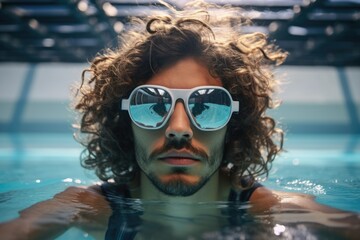 Naklejka premium portrait of a man in stylish glasses swims in the pool. a man with curly hair. stylish. fashionable