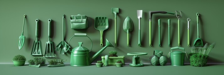 A collection of green gardening tools and accessories are neatly arranged on a green wall, with copy space to the left