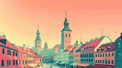 Obraz premium Risograph artistic riso print travel poster, card, wallpaper or banner illustration, modern, isolated, clear, simple of Poznań, Poland. Artistic, screen printing, retro, vintage