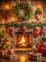 Cozy Christmas Fireplace with Stockings. A warm and inviting fireplace scene adorned with Christmas stockings, a festive wreath, and presents, perfect for capturing the holiday spirit.