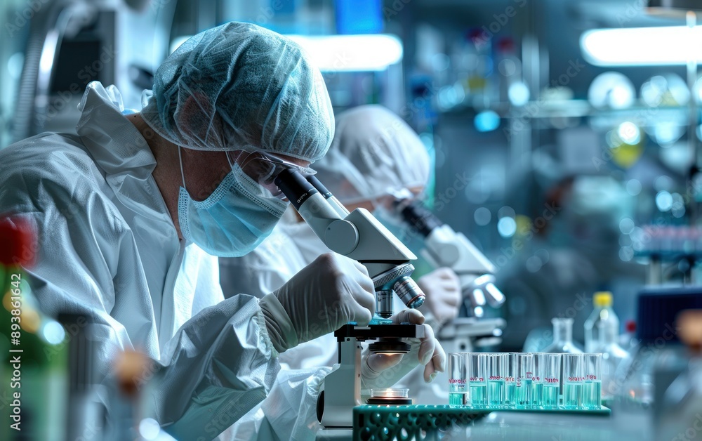 Poster a scientist in a lab coat and protective gear meticulously examines a sample under a microscope