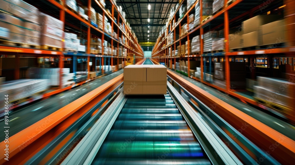 Poster a cardboard box moving on a conveyor belt in a warehouse setting