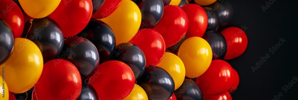 Poster a cluster of balloons in the colors of the german flag fill the left side of the frame, creating a f