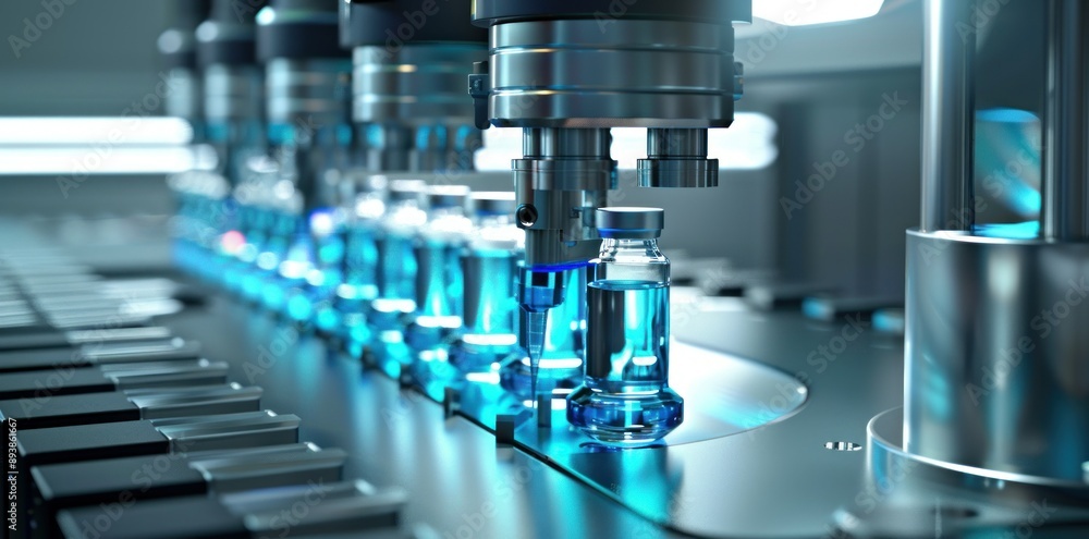 Aufkleber a closeup image of an automated production line filling vials with a blue liquid