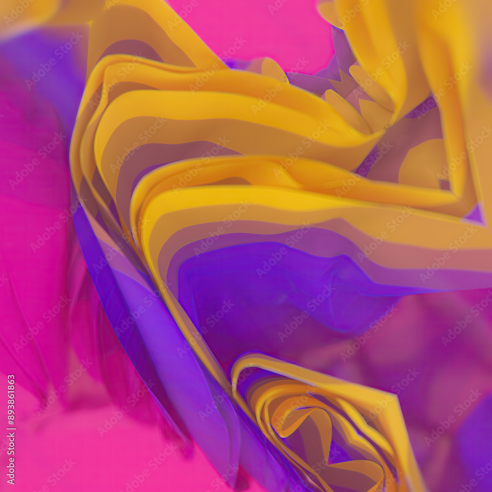 Poster waves of colored fabric strips with trendy stepped gradient. 3d rendering illustration