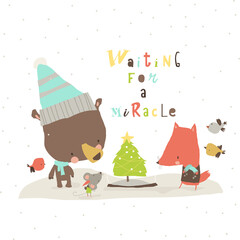 Cute Cartoon Bear celebrating Christmas with Fox and Mouse. Vector Illustration