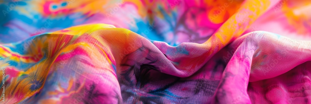 Poster a close-up view of a vibrant, colorful tie-dye fabric with a bohemian pattern. the fabric is crumple
