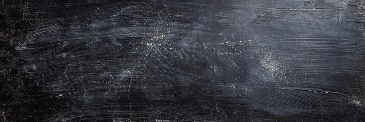 A close-up, top-down view of a black chalkboard surface with visible scratches and white residue