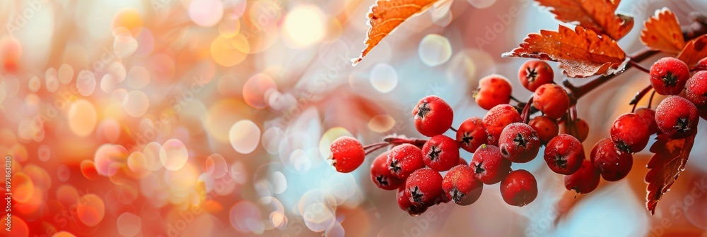 Poster a close-up image of a cluster of bright red rowan berries hanging from a branch, with a blurred back
