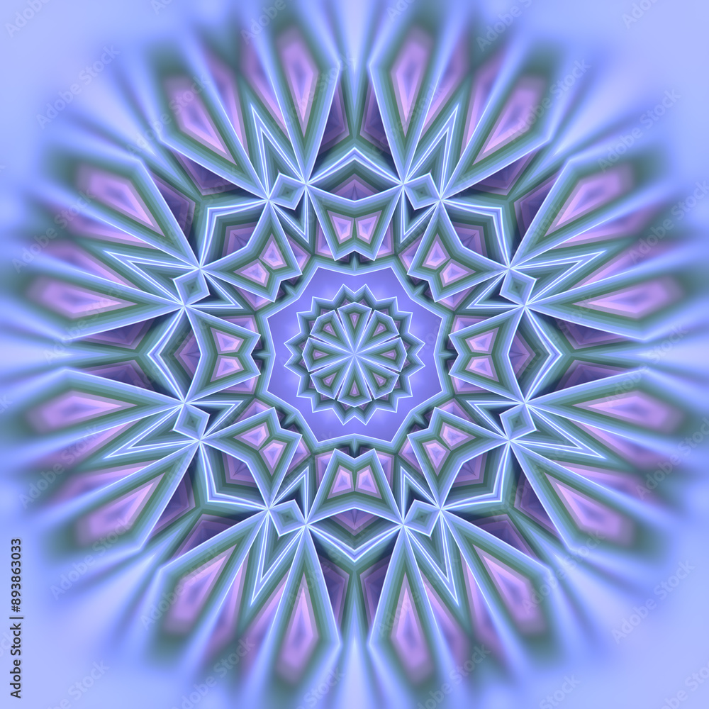 Poster Digital illustration of a star-like radial pattern composed of many simple geometric shapes. 3d rendering