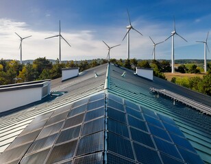 Integrated wind turbines on customizable roof promoting renewable energy solutions.