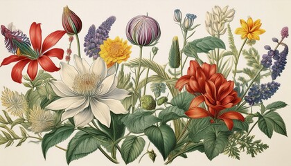 Intricate vintage botanical illustration of various flowers on a white background.